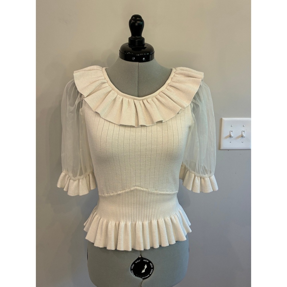 English Factory Cream Ribbed Knit Ruffle Peplum Top Sheer Puff Sleeve HN1032T M